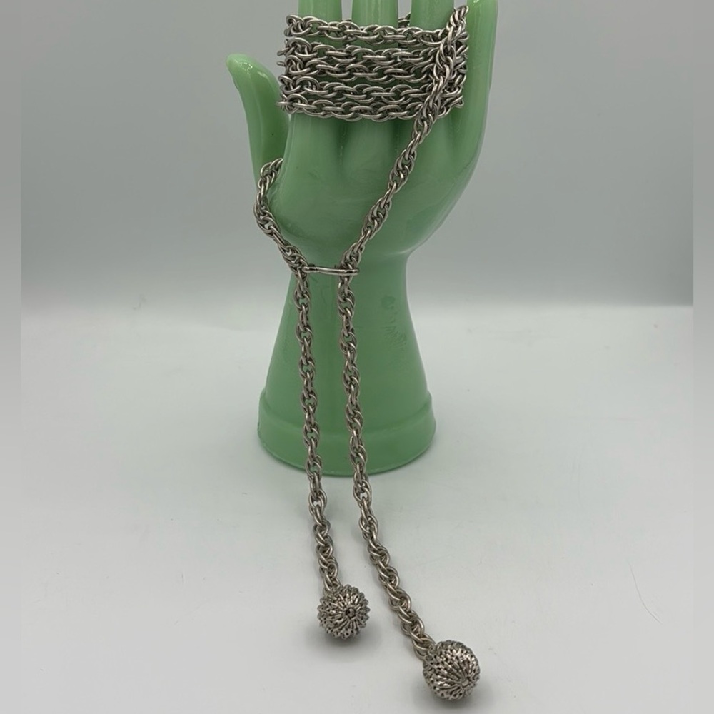 Vintage long silver tone necklace with adjustable hook